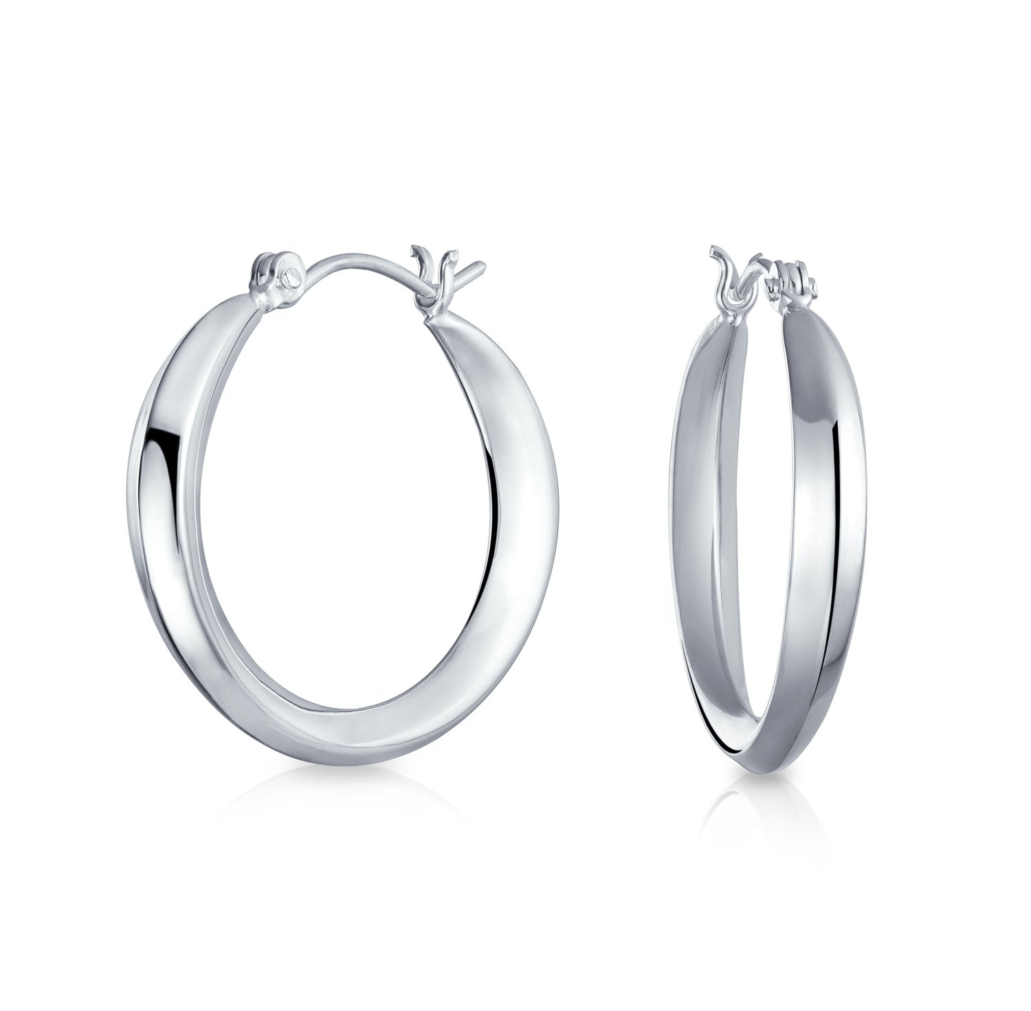 Bevel Contour Oval Hoop Earrings Shiny 925 Sterling Silver 1 Inch Dia - Joyeria Lady