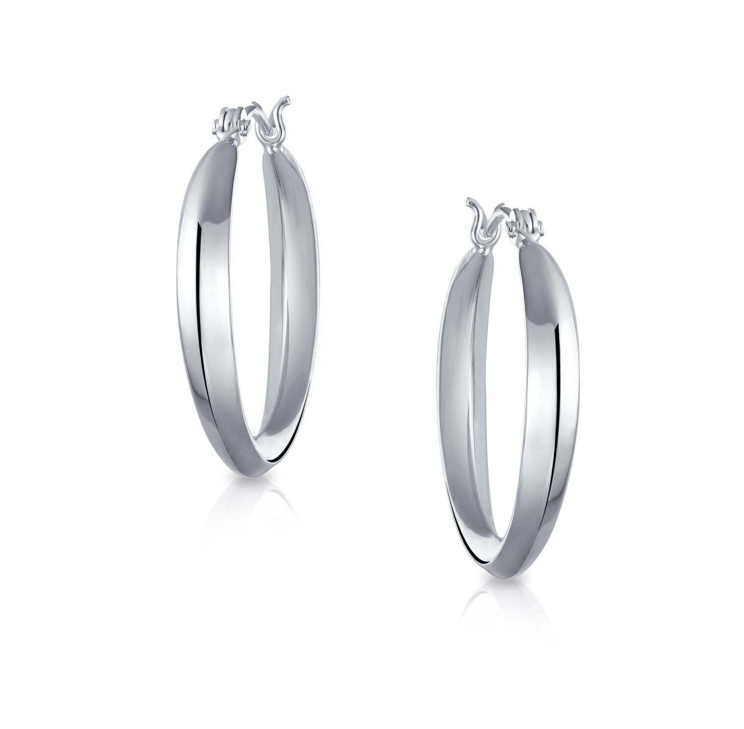 Bevel Contour Oval Hoop Earrings Shiny 925 Sterling Silver 1 Inch Dia - Joyeria Lady