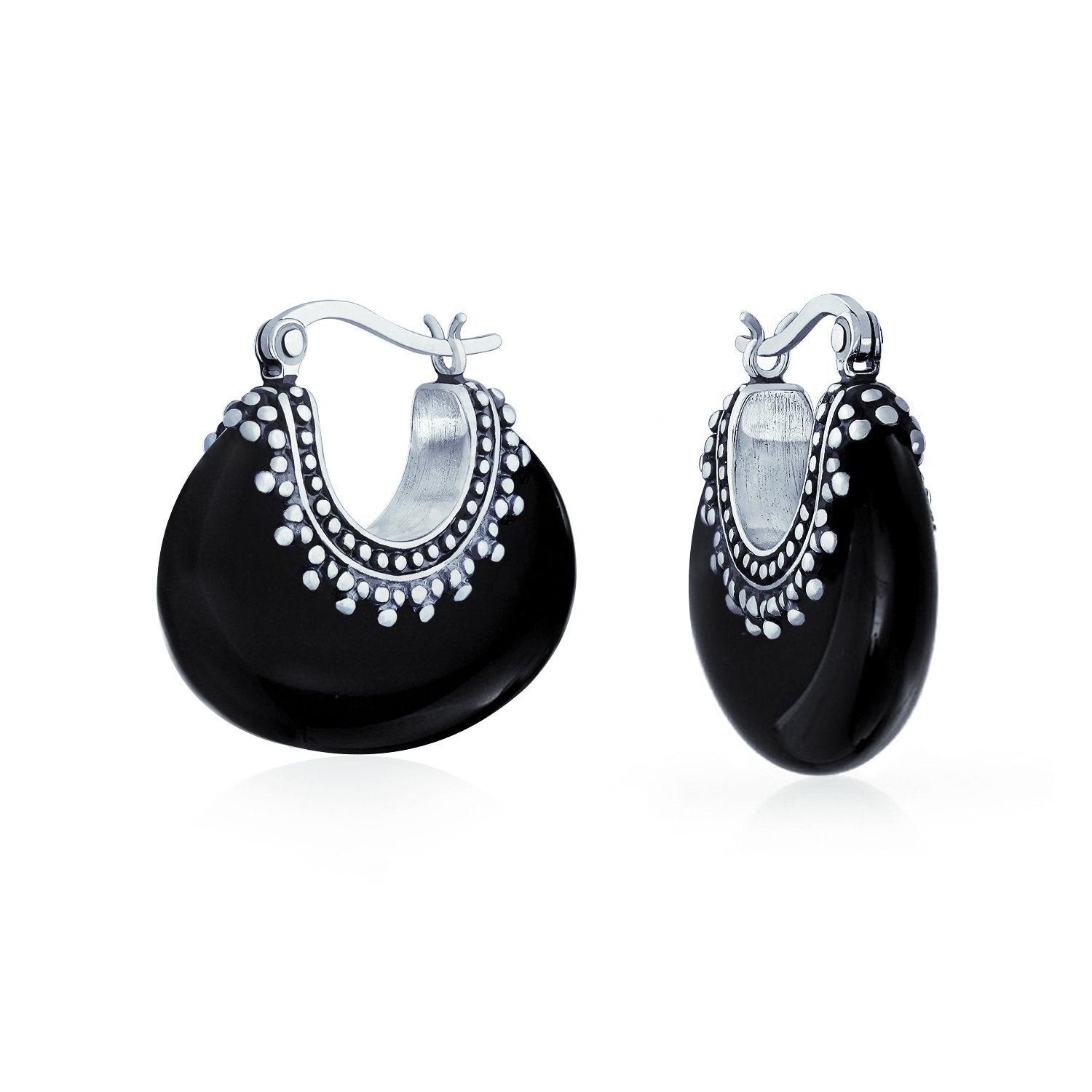 Boho Gemstone Crescent Hoop Earrings Caviar Bead 925 Sterling Silver - Joyeria Lady