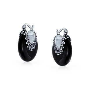 Boho Gemstone Crescent Hoop Earrings Caviar Bead 925 Sterling Silver