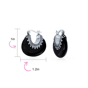 Boho Gemstone Crescent Hoop Earrings Caviar Bead 925 Sterling Silver