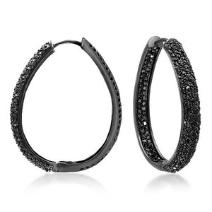 Black Pave CZ Oval Inside Out Hoops Earrings Prom Silver Plated