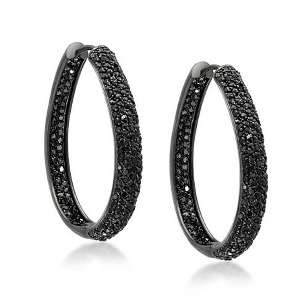 Black Pave CZ Oval Inside Out Hoops Earrings Prom Silver Plated - Joyeria Lady
