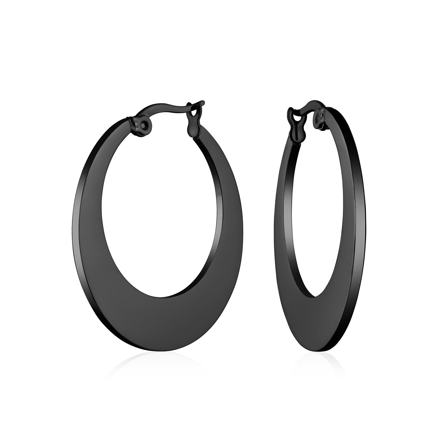 Black Flat Oval Hoop Earrings Black IP Plated Stainless Steel - Joyeria Lady