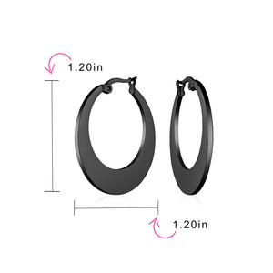 Black Flat Oval Hoop Earrings Black IP Plated Stainless Steel
