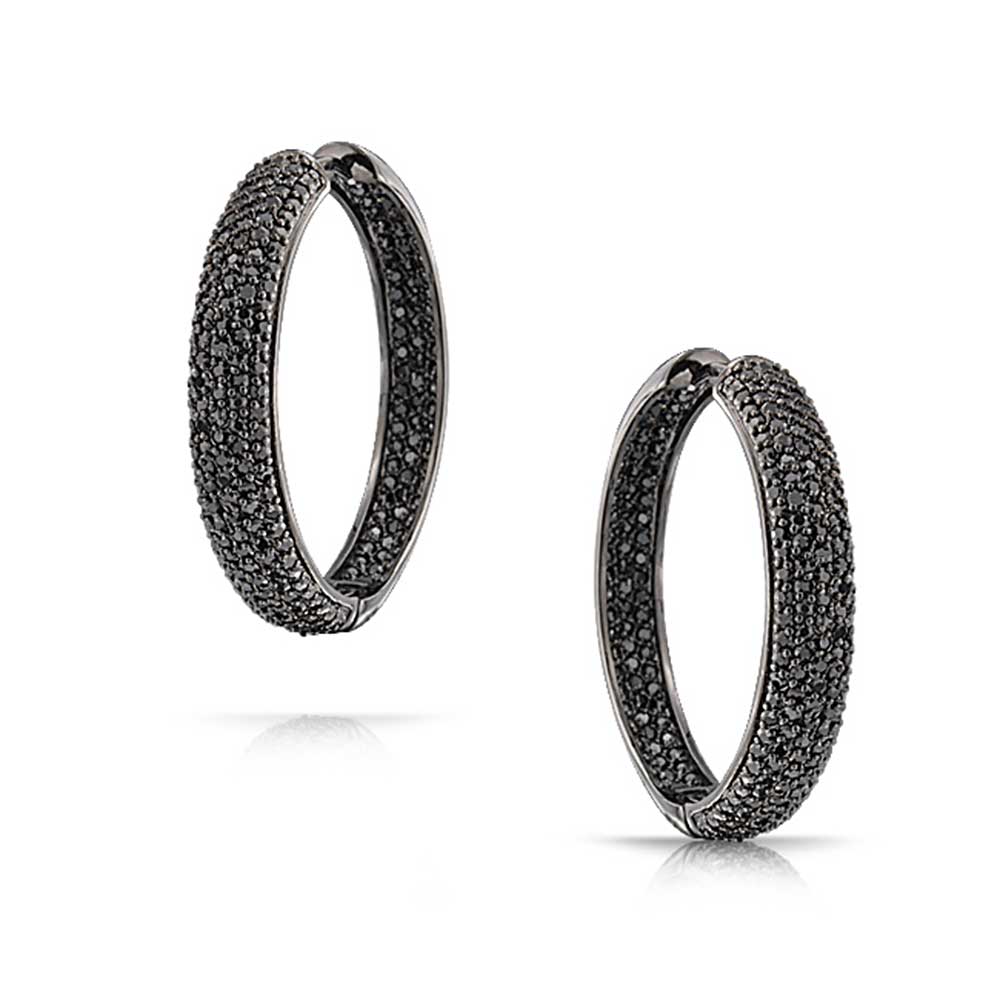 Black Pave CZ Oval Inside Out Hoops Earrings Prom Silver Plated - Joyeria Lady