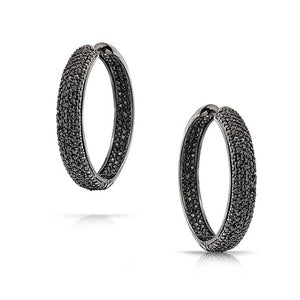 Black Pave CZ Oval Inside Out Hoops Earrings Prom Silver Plated