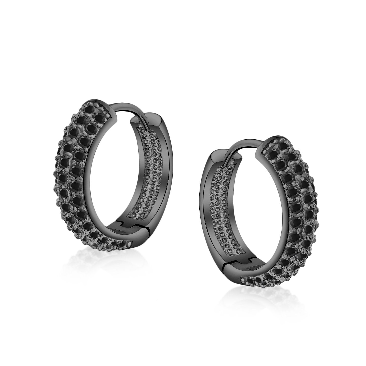 3 Three Row Cubic Zirconia Pave CZ Hoop Earrings Silver Plated Medium - Joyeria Lady