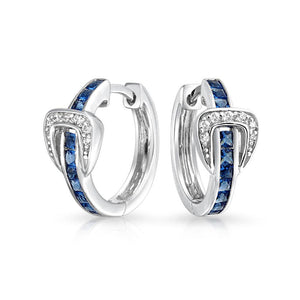 Belt Buckle Blue CZ Hoop Earrings Channel Set Sterling Silver - Joyeria Lady