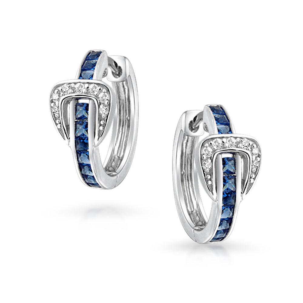Belt Buckle Blue CZ Hoop Earrings Channel Set Sterling Silver - Joyeria Lady