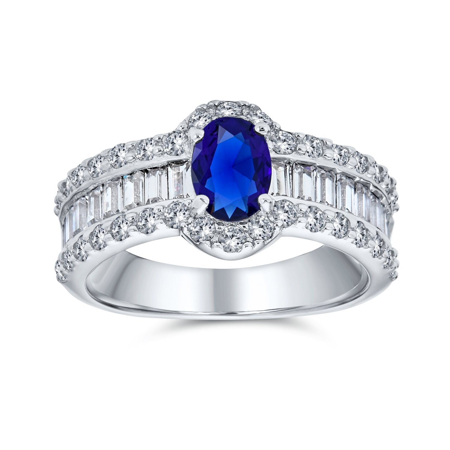 Art Deco Oval Solitaire Halo Blue CZ Engagement Ring Sterling Silver - Joyeria Lady