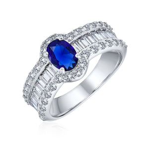 Art Deco Oval Solitaire Halo Blue CZ Engagement Ring Sterling Silver