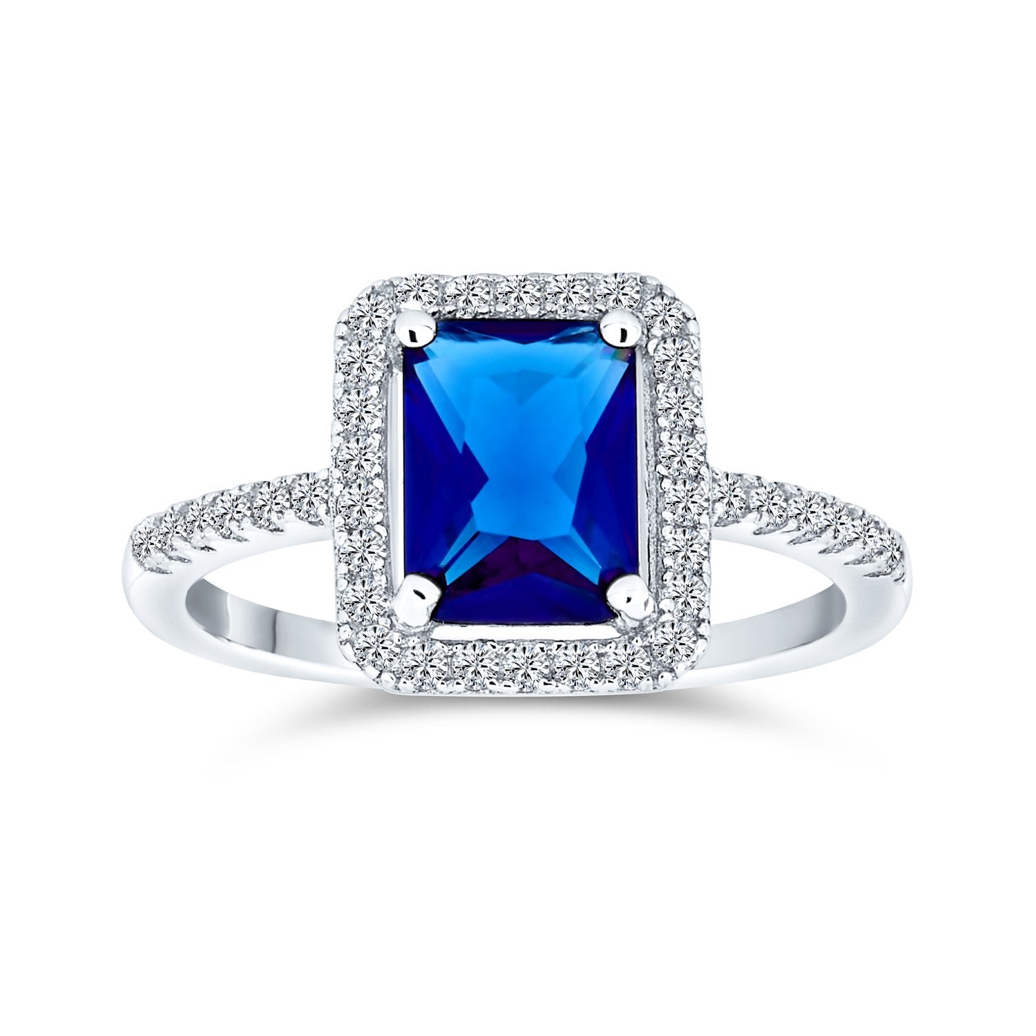 3CT CZ Blue Imitation Sapphire Emerald Cut Engagement Ring 925 Silver - Joyeria Lady