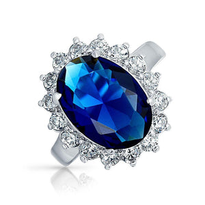 6CT Blue Oval Imitation Sapphire CZ Engagement Ring Sterling Silver