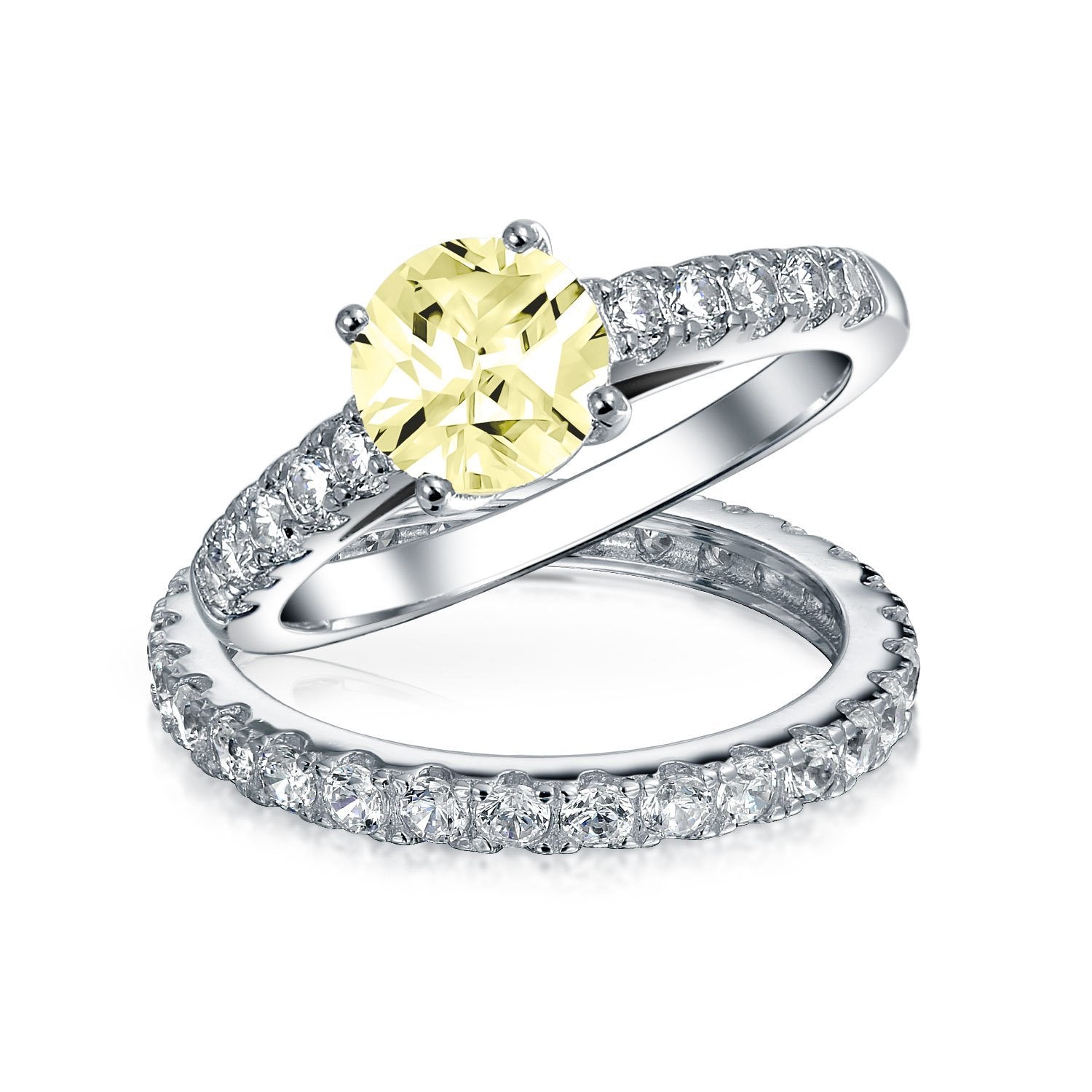 1CT Solitaire AAA CZ Engagement Wedding Ring Set Eternity Band Silver Color Yellow - Joyeria Lady