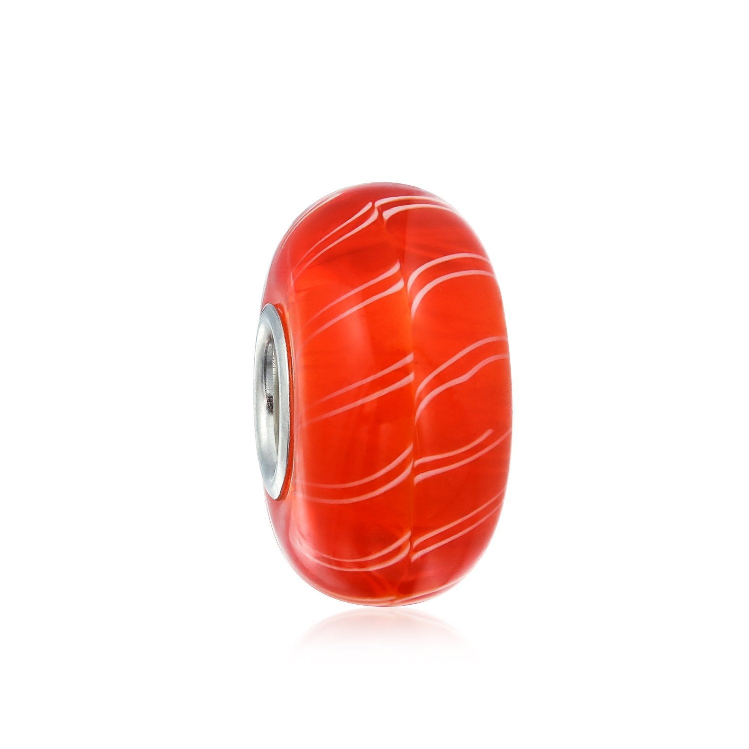 Orange Candy Cane Stripe Murano Glass Bead Charm 925 Sterling Silver - Joyeria Lady