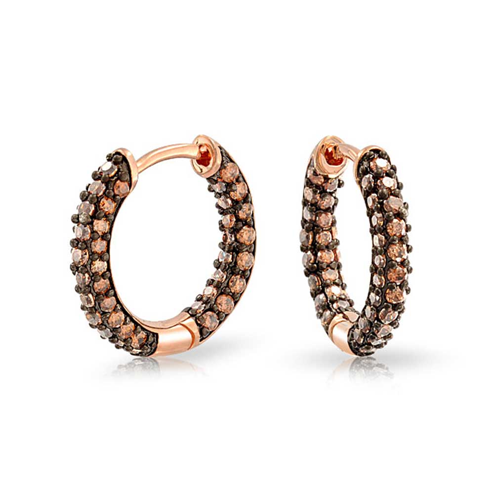 Pave Pink or Brown CZ Inside Out Tube Hoop Earrings - Joyeria Lady