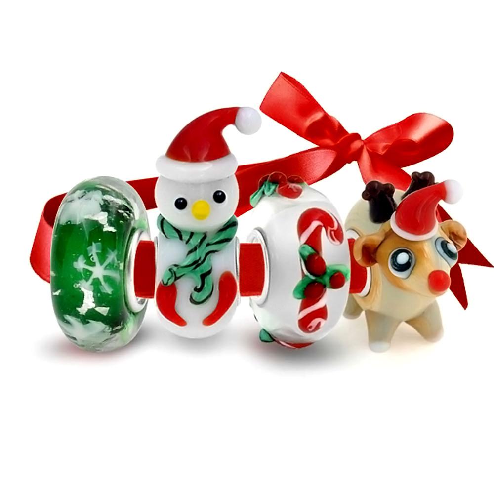 Reindeer Candy Cane Snowman Snowflake Murano Glass Bead Charm Bundle - Joyeria Lady
