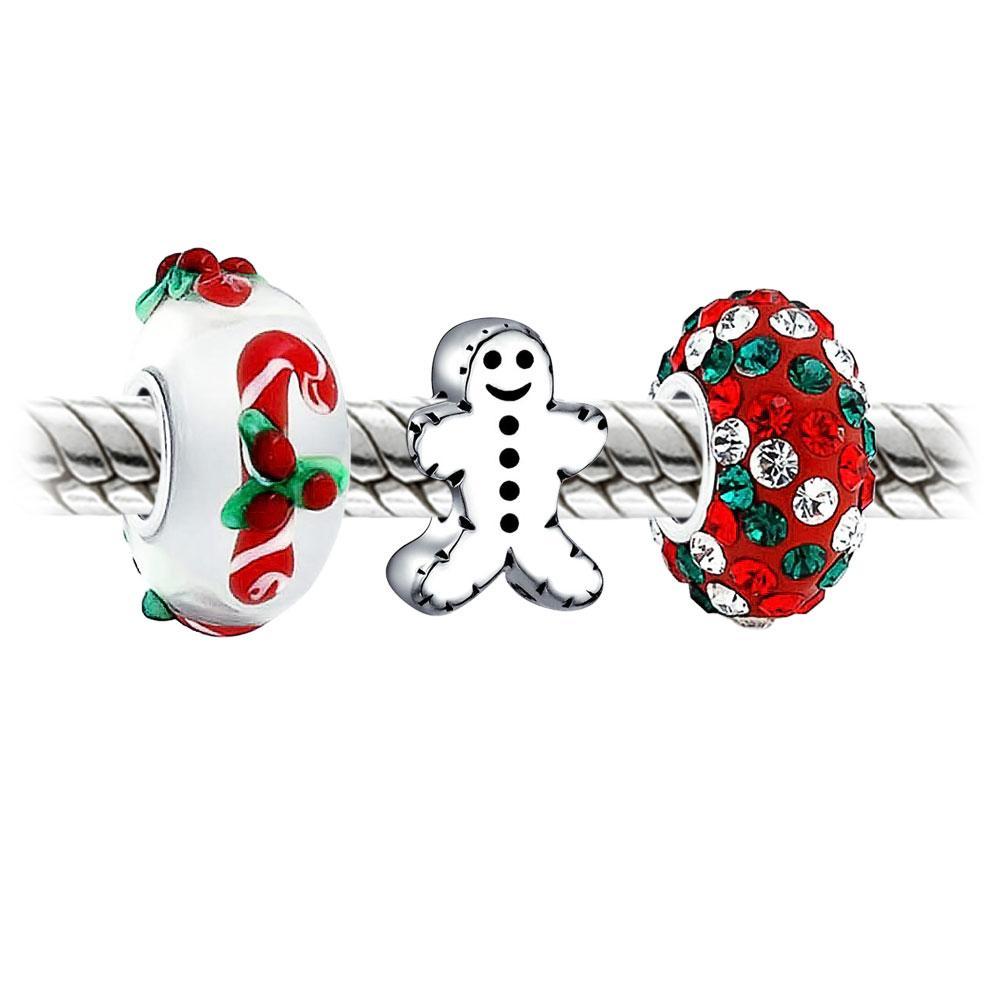 Gingerbread Cookie Stripe Crystal Candy Cane Charm Bead Set Sterling - Joyeria Lady