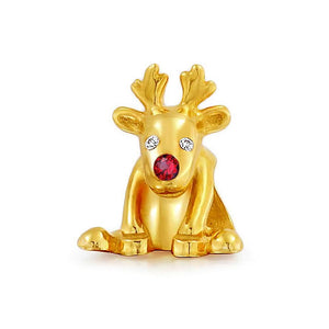 Rudolph Reindeer Red Nose Charm Bead Gold Plated Sterling Silver - Joyeria Lady