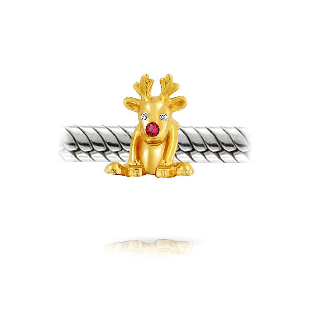 Rudolph Reindeer Red Nose Charm Bead Gold Plated Sterling Silver - Joyeria Lady