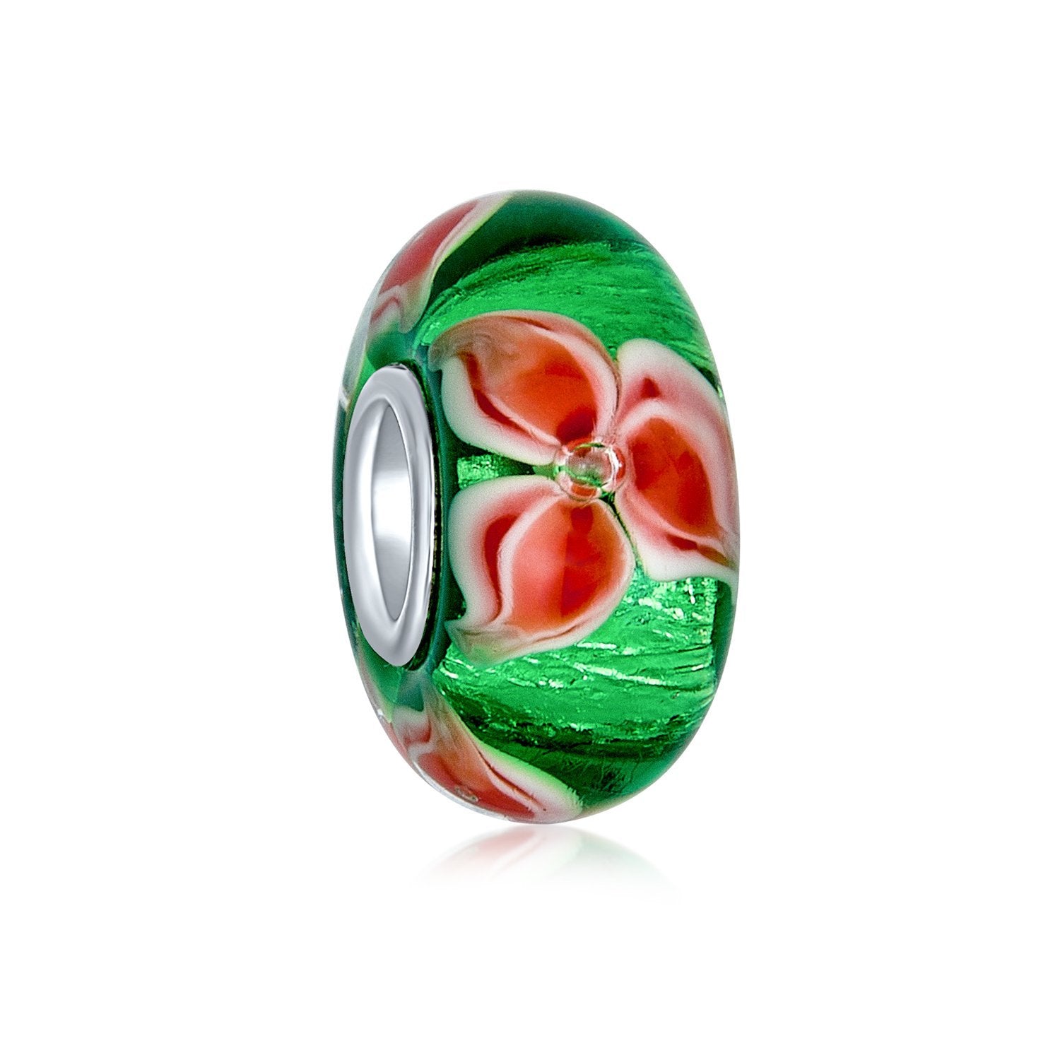 Holiday Christmas Flower Poinsettia Murano Glass Bead Charm Sterling - Joyeria Lady