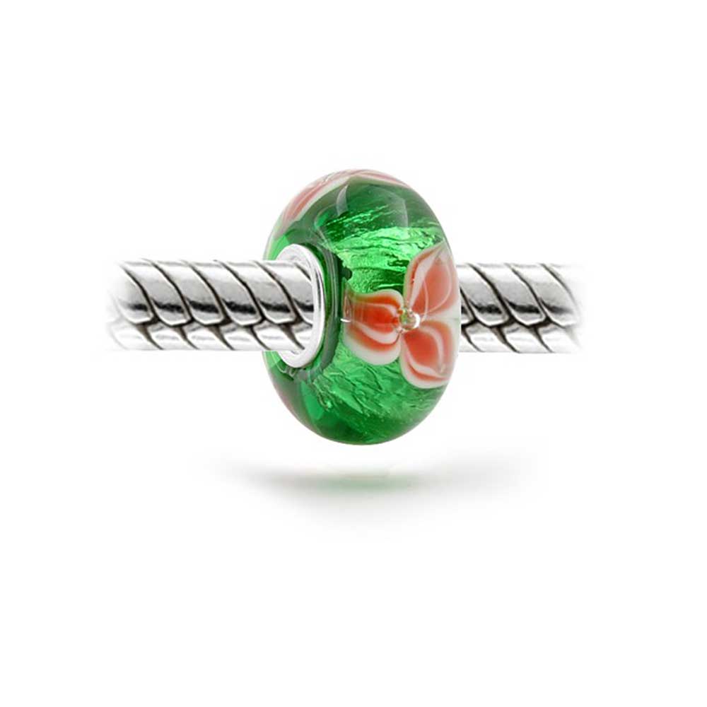 Holiday Christmas Flower Poinsettia Murano Glass Bead Charm Sterling - Joyeria Lady