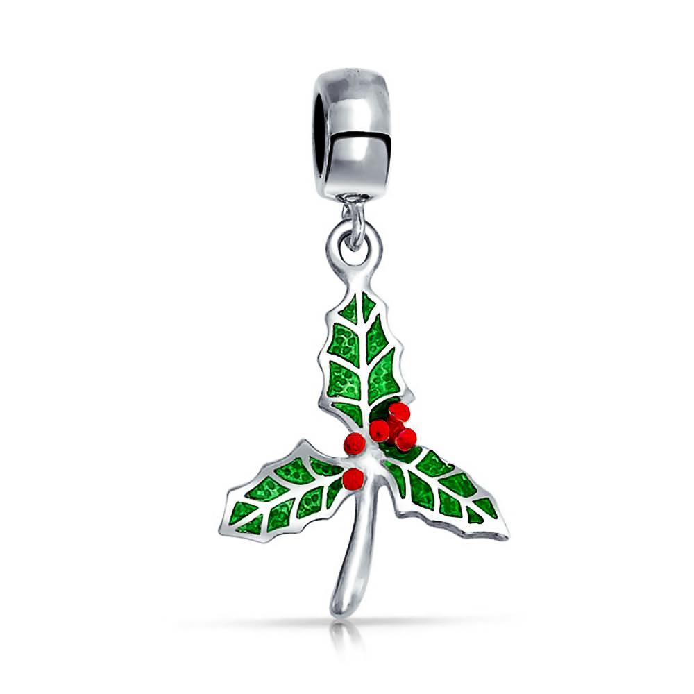 Holiday Christmas Mistletoe Holly Dangle Charm Bead Sterling Silver - Joyeria Lady