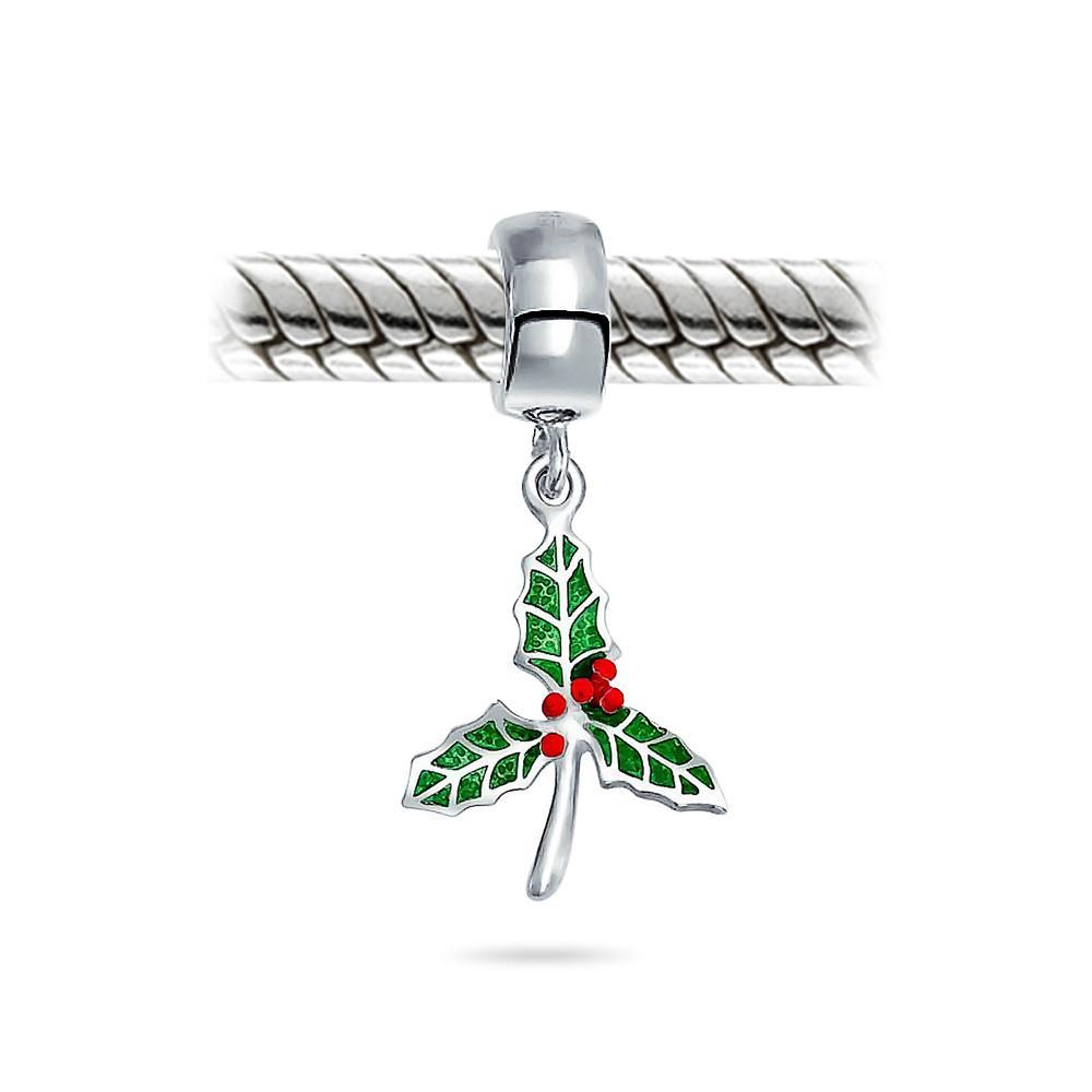 Holiday Christmas Mistletoe Holly Dangle Charm Bead Sterling Silver - Joyeria Lady