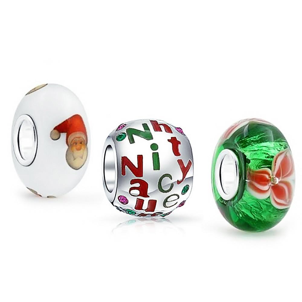 Christmas Poinsettia Santa Claus Naughty Nice Bead Charm Set Sterling - Joyeria Lady