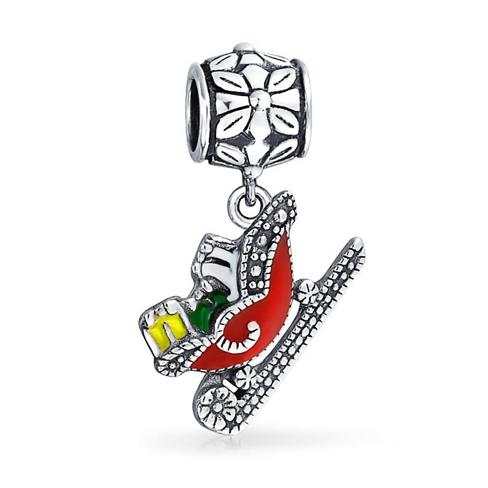 Christmas Red Santa Claus Sleigh Dangle Charm Bead 925 Sterling Silver - Joyeria Lady