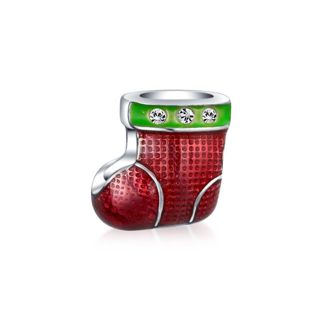 Red Green Christmas Stocking Crystal Charm Bead 925 Sterling Silver - Joyeria Lady