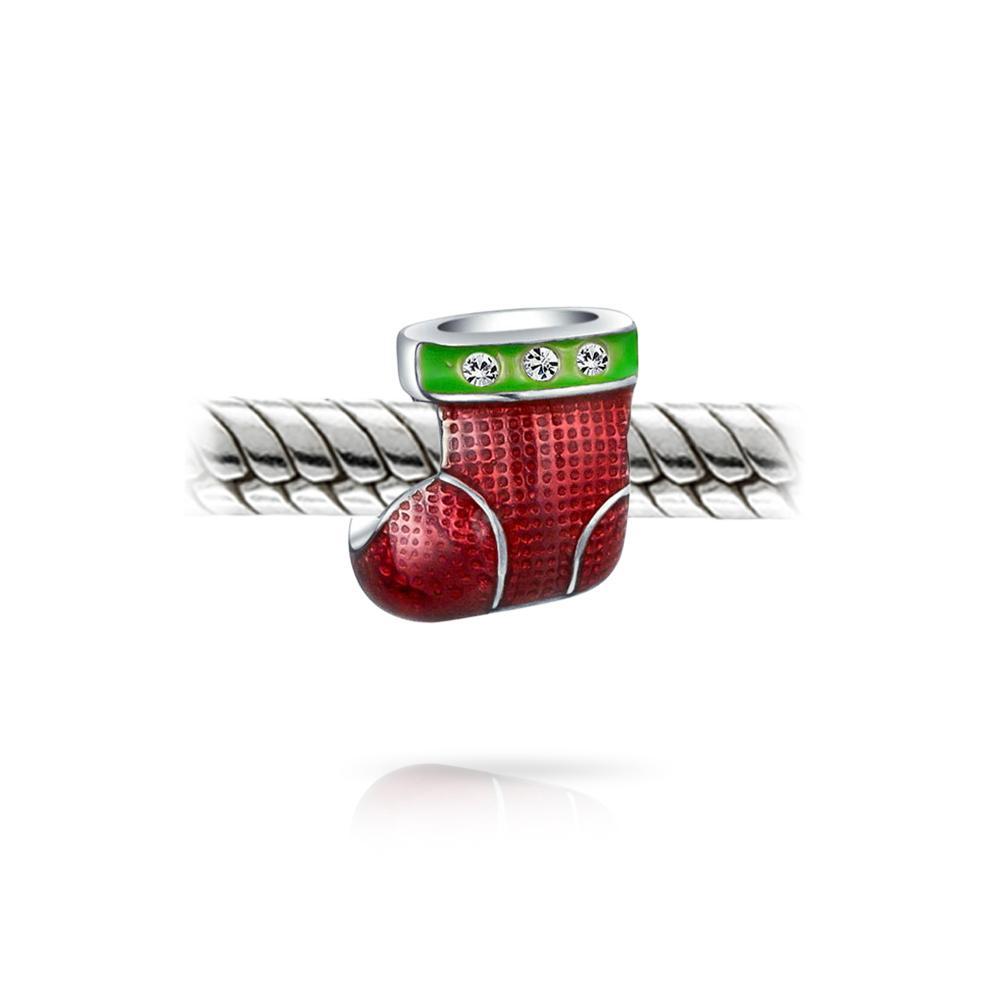 Red Green Christmas Stocking Crystal Charm Bead 925 Sterling Silver - Joyeria Lady