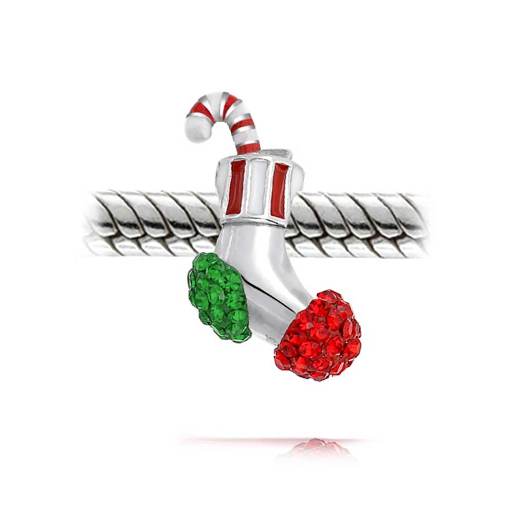 Red Green Candy Cane Stocking Crystal Charm Bead 925 Sterling Silver - Joyeria Lady