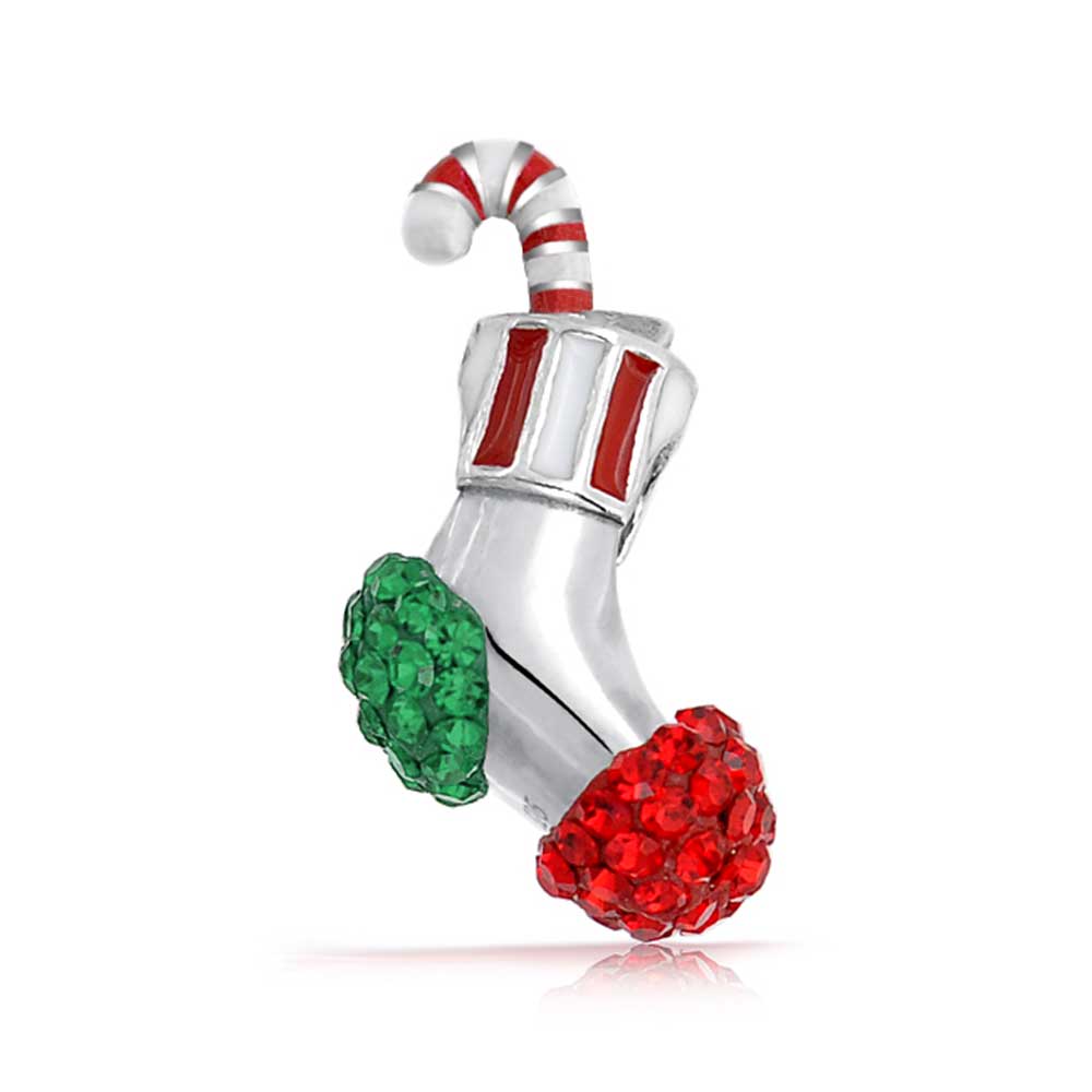 Red Green Candy Cane Stocking Crystal Charm Bead 925 Sterling Silver - Joyeria Lady