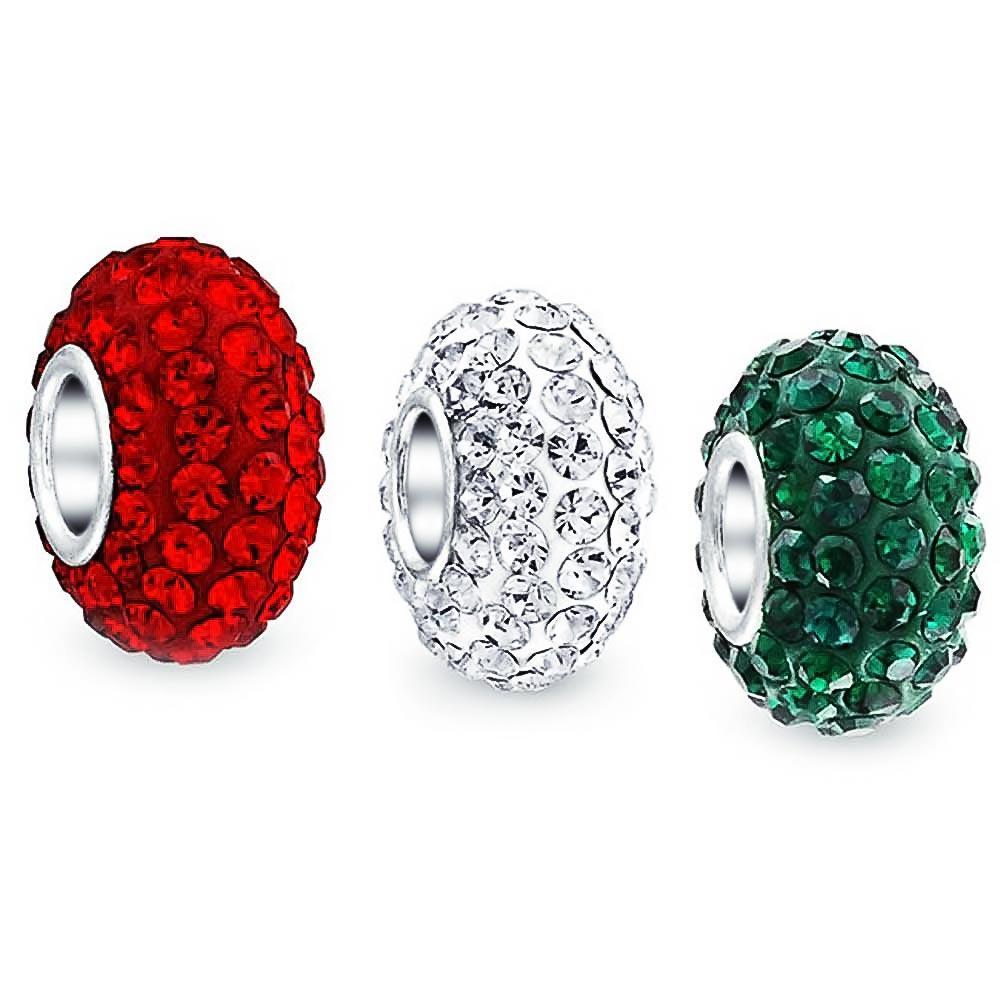 Christmas Red White Green Crystal Bead Charm Set 925 Sterling Silver - Joyeria Lady