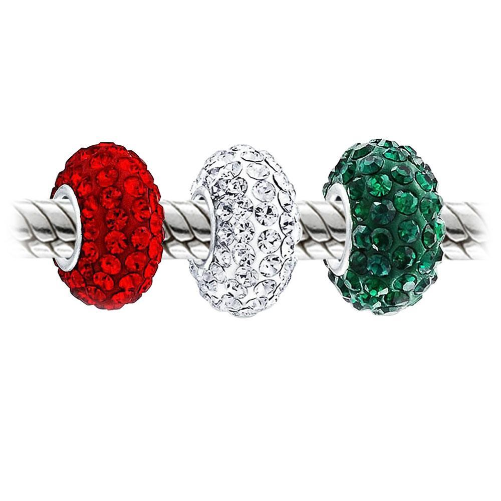 Christmas Red White Green Crystal Bead Charm Set 925 Sterling Silver - Joyeria Lady