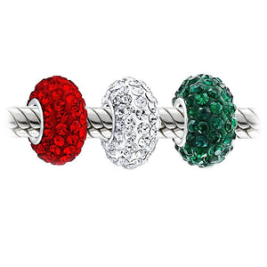 Christmas Red White Green Crystal Bead Charm Set 925 Sterling Silver