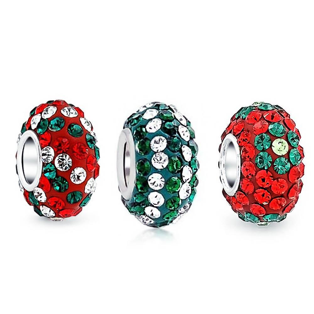 Christmas Red White Green Crystal Stripe Beads Charms Set Sterling - Joyeria Lady