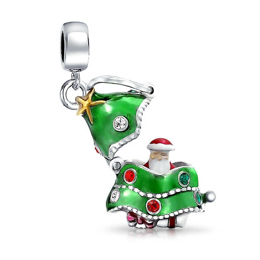 Green Christmas Tree Hidden Santa Claus Dangle Charm Bead 925 Sterling - Joyeria Lady