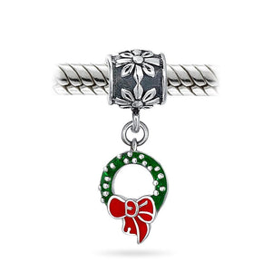 Holiday Christmas Green Wreath Red Bow Dangle Charm Bead 925 Sterling
