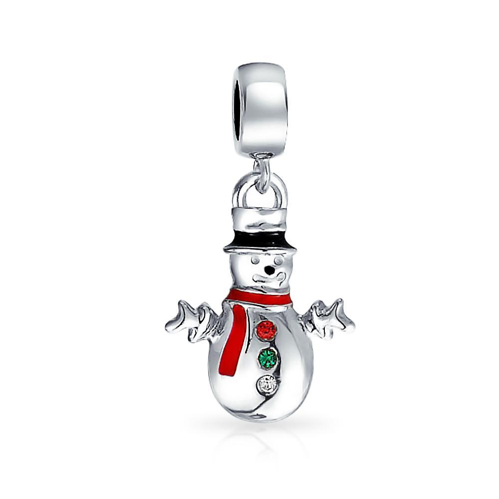 Holiday Christmas Crystal Snowman Dangle Charm Bead Sterling Silver - Joyeria Lady