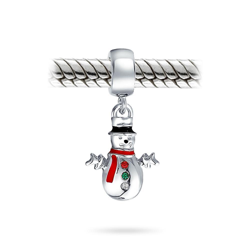 Holiday Christmas Crystal Snowman Dangle Charm Bead Sterling Silver - Joyeria Lady