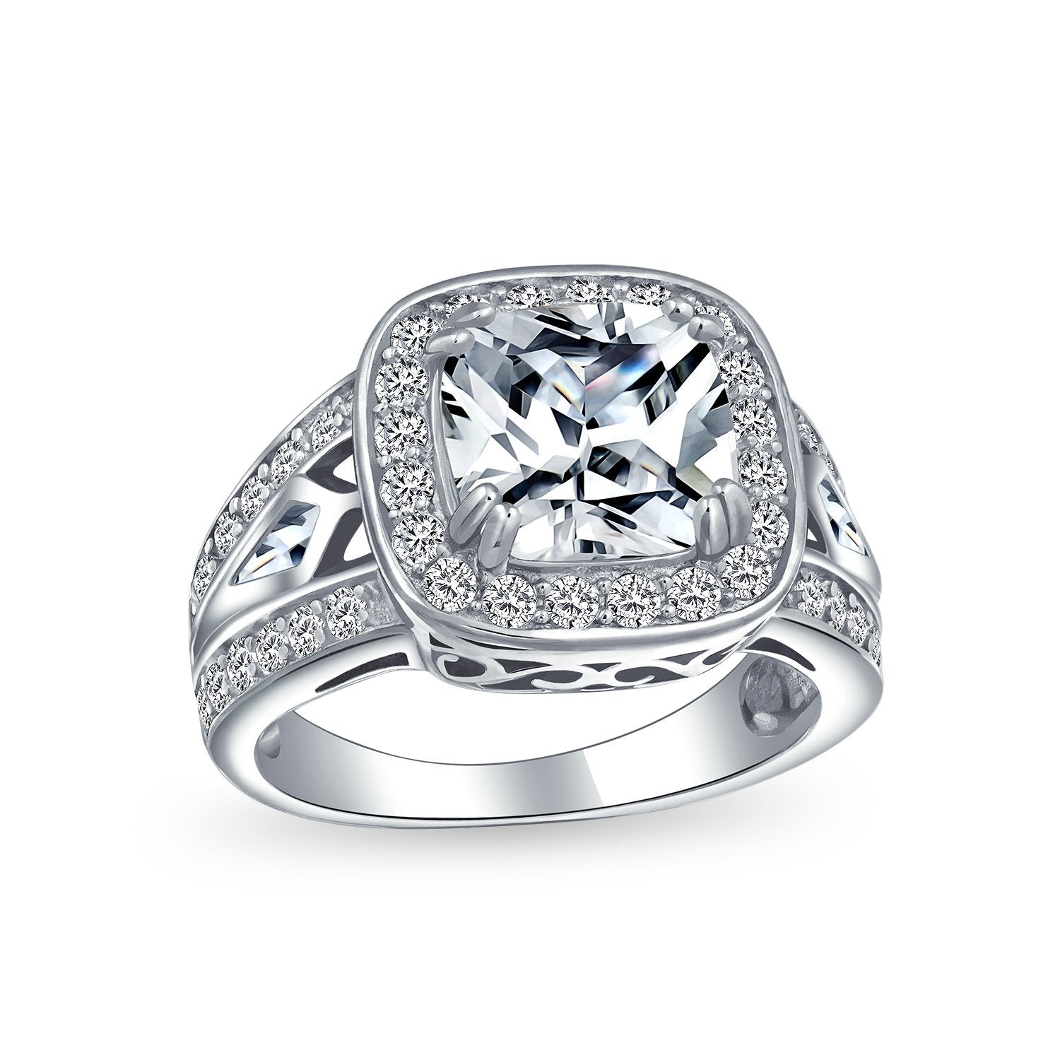 Art Deco 4CT Square Cushion Cut Solitaire Pave Halo CZ Engagement Ring - Joyeria Lady