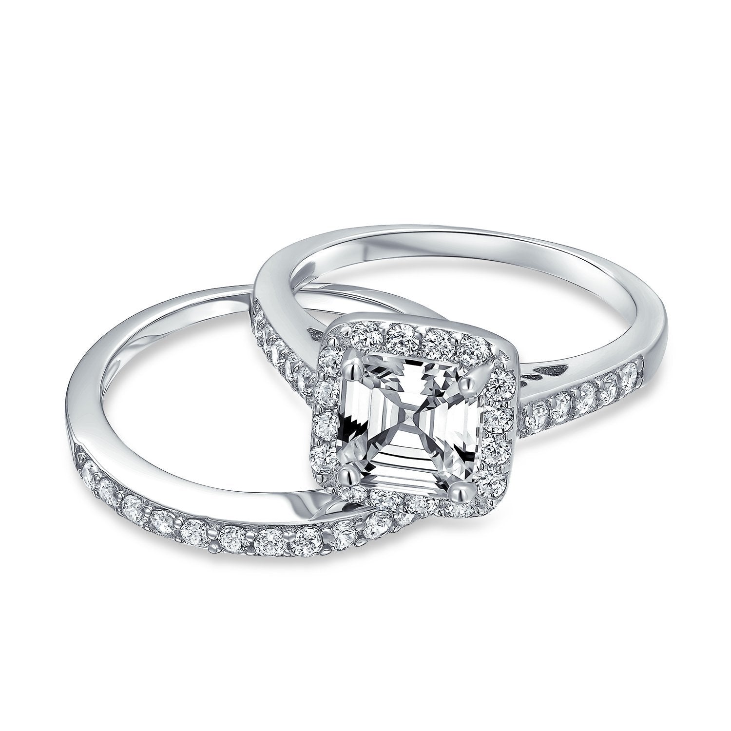 2CT Solitaire Asscher Cut AAA CZ Engagement Ring Set Sterling Silver - Joyeria Lady