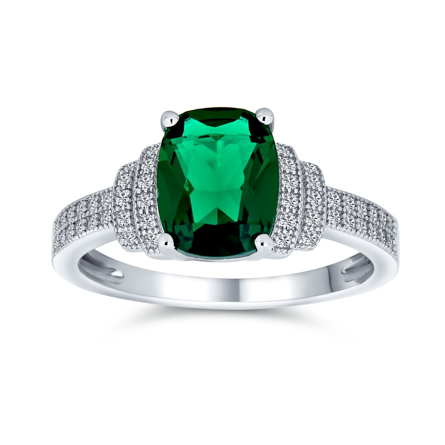 5CT Statement CZ Green Imitation Emerald Cut Engagement Ring Sterling - Joyeria Lady
