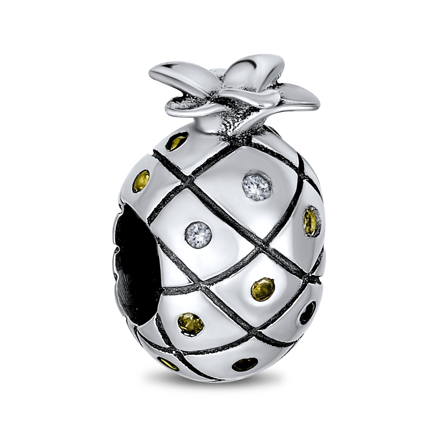 Tropical Pineapple Fruit Golden CZ Travel Charm Bead Sterling Silver - Joyeria Lady