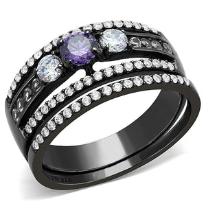 DA001 - IP Black(Ion Plating) Stainless Steel Ring with AAA Grade CZ  in Amethyst - Joyeria Lady
