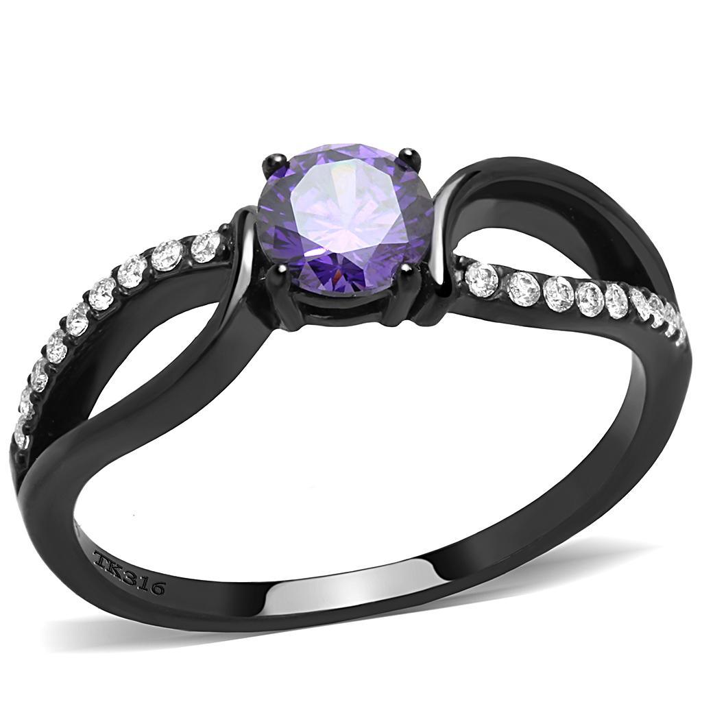 DA003 - IP Black(Ion Plating) Stainless Steel Ring with AAA Grade CZ  in Amethyst - Joyeria Lady