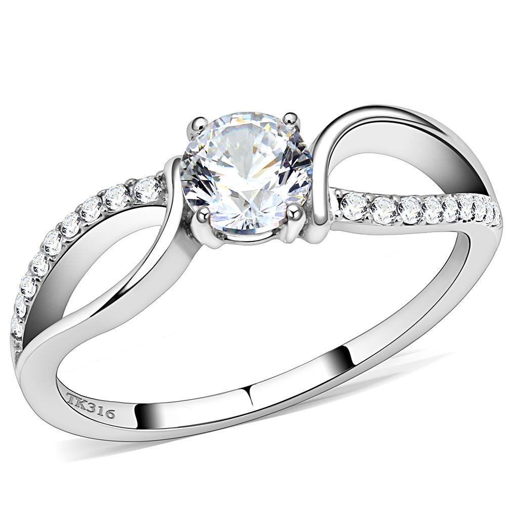 DA004 - High polished (no plating) Stainless Steel Ring with AAA Grade CZ  in Clear - Joyeria Lady